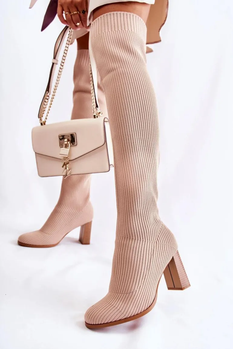 Prążkowane Klasyczne Kozaki Na Obcasie Beżowe Laossi