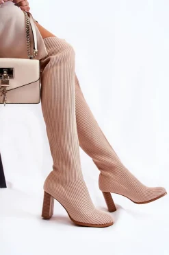 Prążkowane Klasyczne Kozaki Na Obcasie Beżowe Laossi