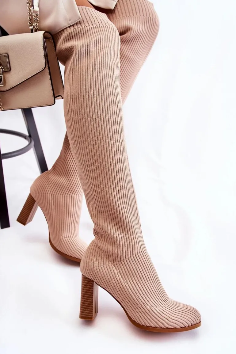 Prążkowane Klasyczne Kozaki Na Obcasie Beżowe Laossi