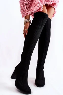 Prążkowane Klasyczne Kozaki Na Obcasie Czarne Laossi