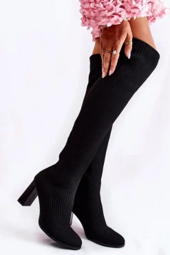 Prążkowane Klasyczne Kozaki Na Obcasie Czarne Laossi