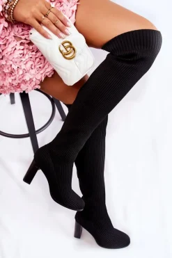 Prążkowane Klasyczne Kozaki Na Obcasie Czarne Laossi