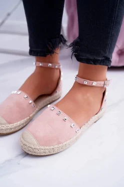 Różowe Zamszowe Espadryle Balerinki z Ćwiekami Tatiana