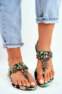 Sandałki Damskie Eleganckie Japonki Kryształki Zielone Under Control