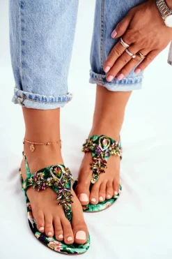 Sandałki Damskie Eleganckie Japonki Kryształki Zielone Under Control