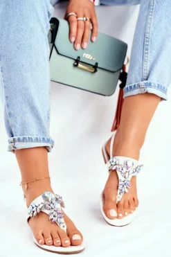 Sandałki Damskie Eleganckie Japonki Kryształki Srebrne Under Control