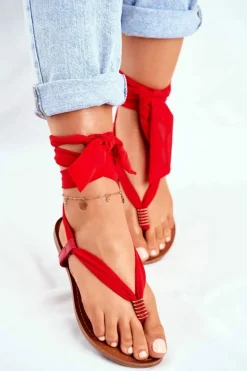 Sandałki Damskie Japonki Wiązane Czerwone Derryl