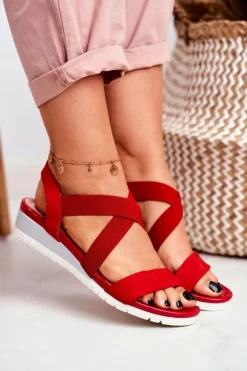 Sandałki Damskie Na Koturnie Czerwone Wsuwane Harper