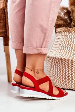 Sandałki Damskie Na Koturnie Czerwone Wsuwane Harper