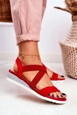 Sandałki Damskie Na Koturnie Czerwone Wsuwane Harper