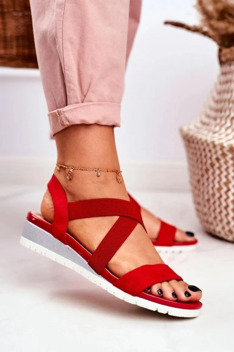 Sandałki Damskie Na Koturnie Czerwone Wsuwane Harper