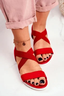 Sandałki Damskie Na Koturnie Czerwone Wsuwane Harper