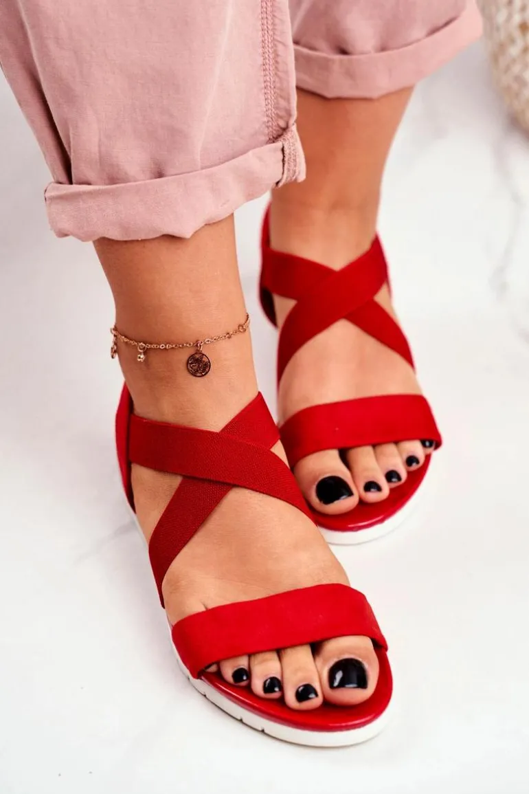 Sandałki Damskie Na Koturnie Czerwone Wsuwane Harper