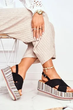 Sandałki Damskie Na Koturnie espadrylu czarne Sandy