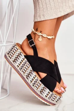 Sandałki Damskie Na Koturnie espadrylu czarne Sandy
