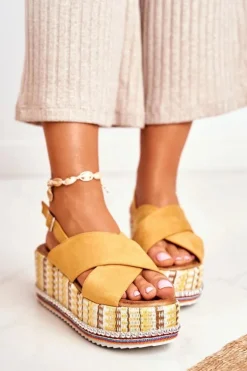 Sandałki Damskie Na Koturnie espadrylu Żółte Sandy