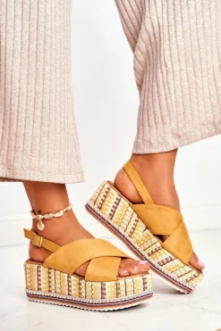 Sandałki Damskie Na Koturnie espadrylu Żółte Sandy