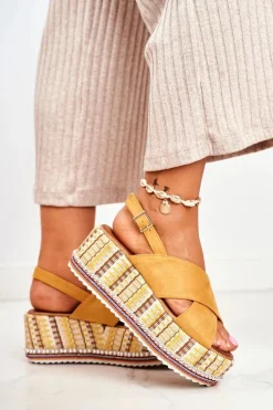 Sandałki Damskie Na Koturnie espadrylu Żółte Sandy