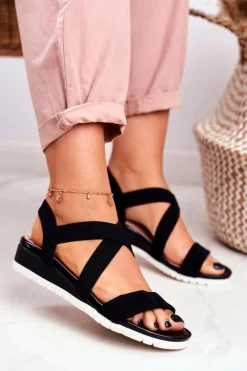 Sandałki Damskie Na Koturnie Czarne Wsuwane Harper