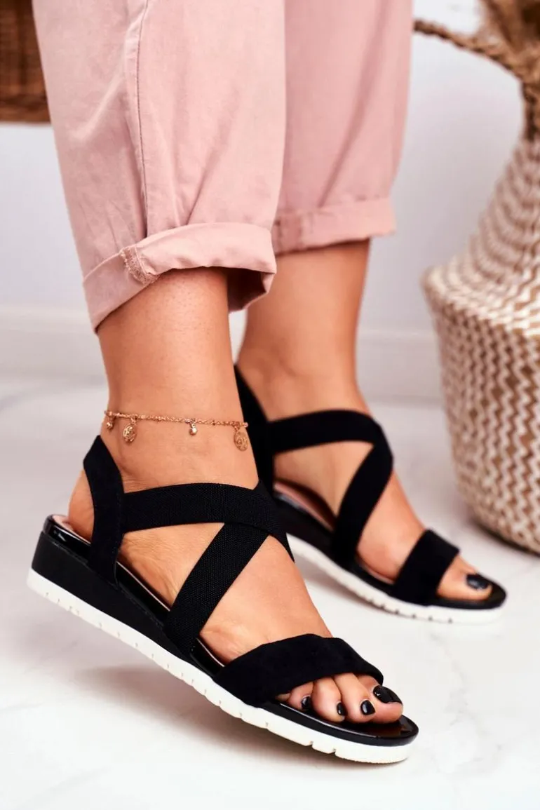 Sandałki Damskie Na Koturnie Czarne Wsuwane Harper