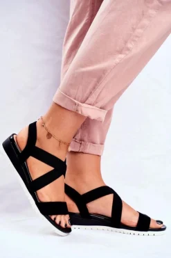 Sandałki Damskie Na Koturnie Czarne Wsuwane Harper