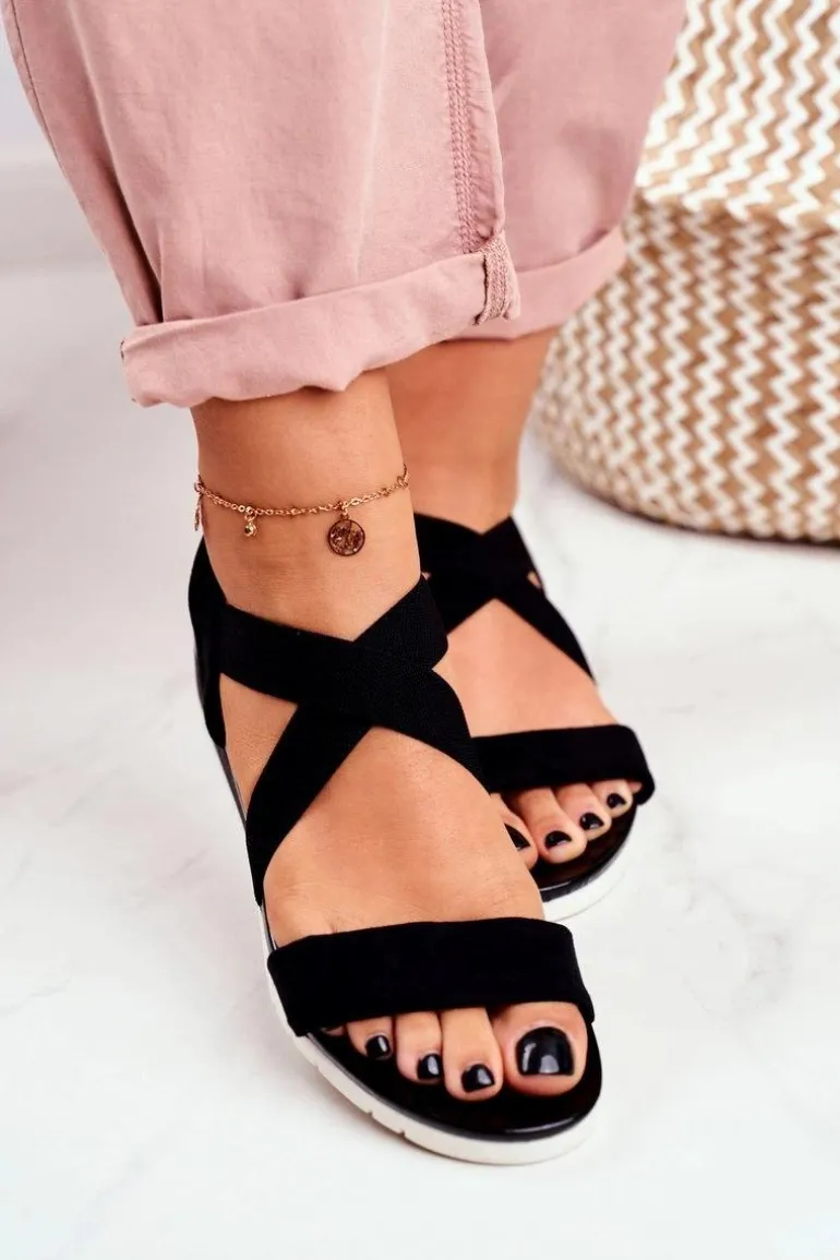 Sandałki Damskie Na Koturnie Czarne Wsuwane Harper