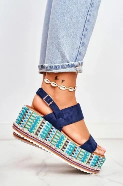 Sandałki Damskie Na Koturnie espadrylu granatowe Sandy
