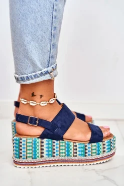 Sandałki Damskie Na Koturnie espadrylu granatowe Sandy