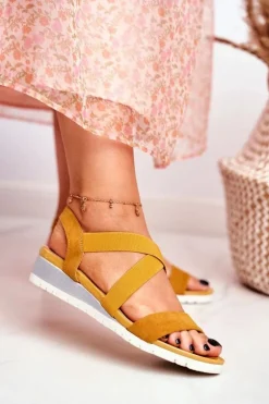 Sandałki Damskie Na Koturnie Żółte Wsuwane Harper