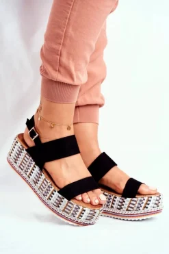 Sandałki Damskie Na Platformie Czarne Sandy