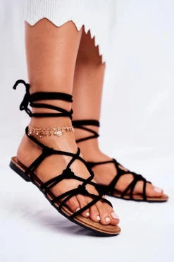 Sandałki Damskie Wiązane Czarne Negros