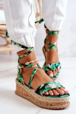 Sandałki Espadryle Na Koturnie Zielone Kwiaty Roxanne