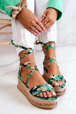 Sandałki Espadryle Na Koturnie Zielone Kwiaty Roxanne
