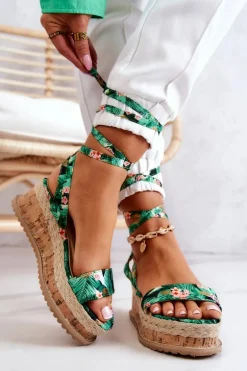 Sandałki Espadryle Na Koturnie Zielone Kwiaty Roxanne