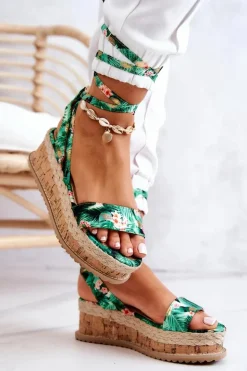 Sandałki Espadryle Na Koturnie Zielone Kwiaty Roxanne