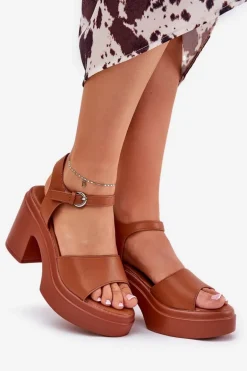 Sandały Damskie Na Masywnym Słupku I Platformie Z Eko Skóry Camel Korlevia