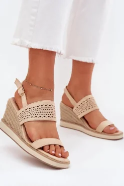 Sandały Damskie Ażurowe Na Koturnie Z Plecionką Beżowe Zolira