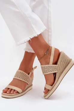 Sandały Damskie Ażurowe Na Koturnie Z Plecionką Beżowe Zolira