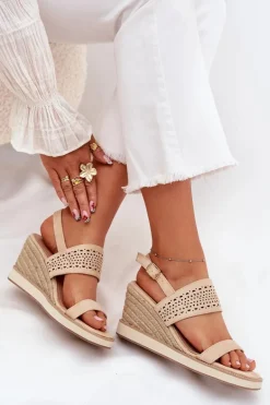 Sandały Damskie Ażurowe Na Koturnie Z Plecionką Beżowe Zolira