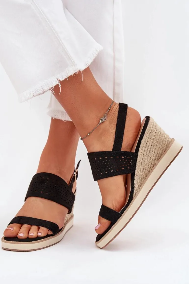 Sandały Damskie Ażurowe Na Koturnie Z Plecionką Czarne Zolira