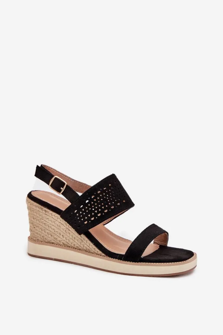 Sandały Damskie Ażurowe Na Koturnie Z Plecionką Czarne Zolira