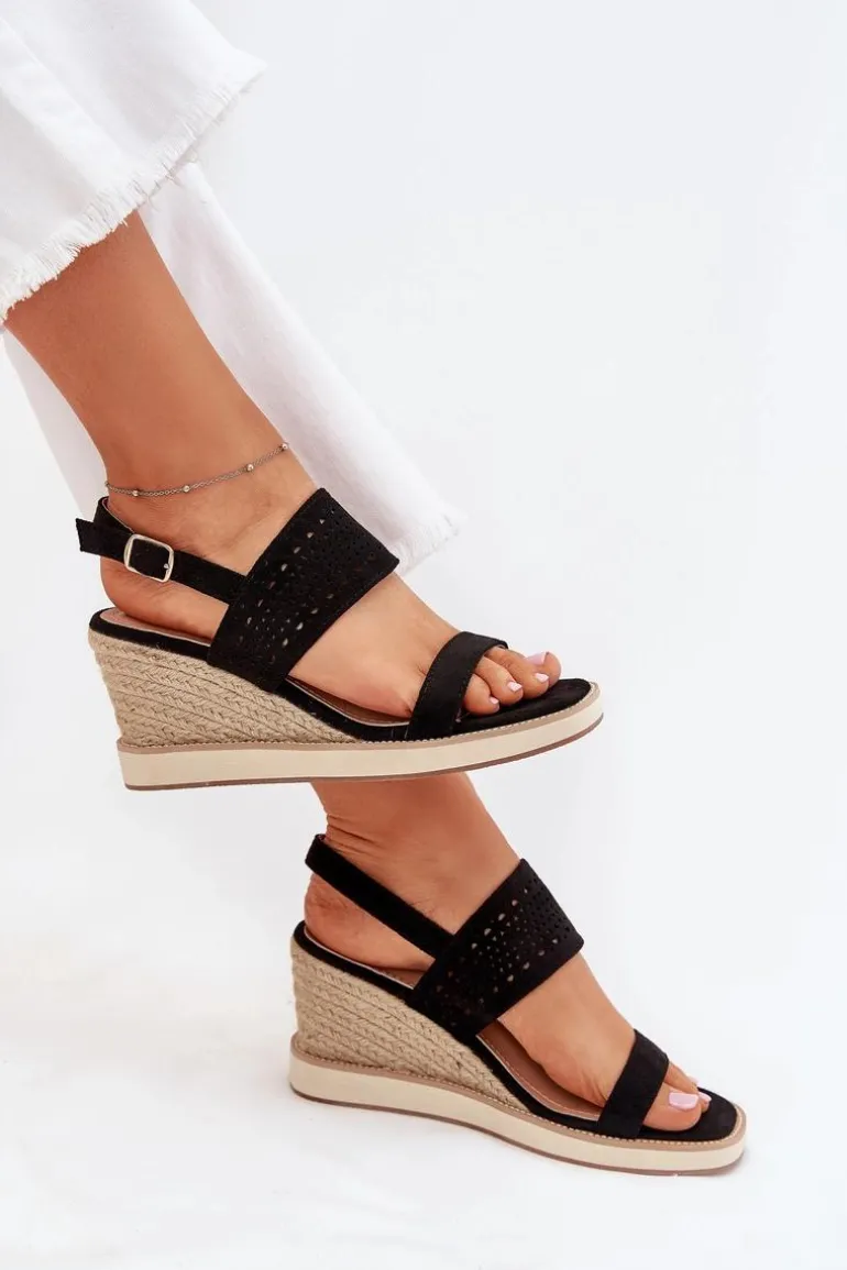 Sandały Damskie Ażurowe Na Koturnie Z Plecionką Czarne Zolira