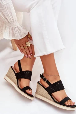 Sandały Damskie Ażurowe Na Koturnie Z Plecionką Czarne Zolira