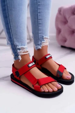 Sandały Damskie Big Star Na Rzepy Czerwone DD274A284