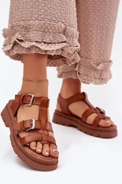 Sandały Damskie Eko Skórzane Z Klamrami Camel Jeneliena