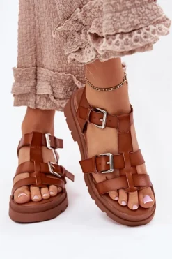 Sandały Damskie Eko Skórzane Z Klamrami Camel Jeneliena