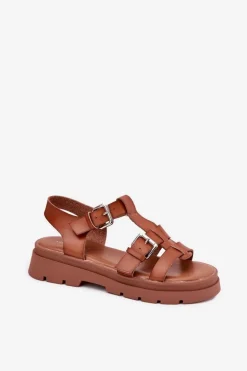 Sandały Damskie Eko Skórzane Z Klamrami Camel Jeneliena