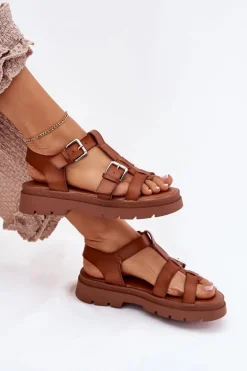 Sandały Damskie Eko Skórzane Z Klamrami Camel Jeneliena