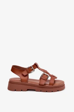 Sandały Damskie Eko Skórzane Z Klamrami Camel Jeneliena