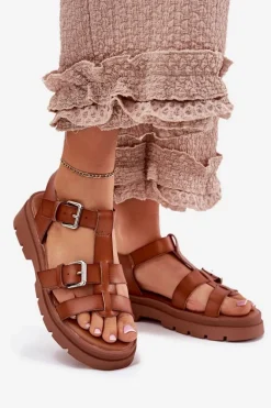 Sandały Damskie Eko Skórzane Z Klamrami Camel Jeneliena